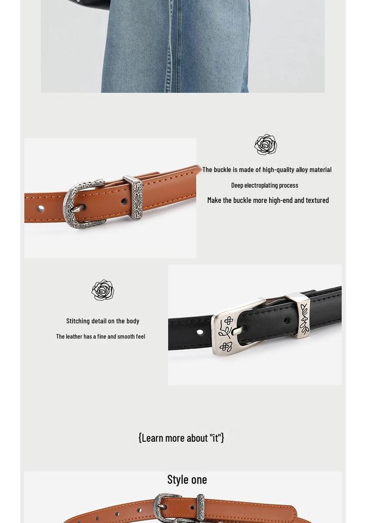 Elegant Women's Two-Layer Genuine Cowhide Leather Belt with Retro Silver Pin Buckle - Thin Decorative Accessory for Pants