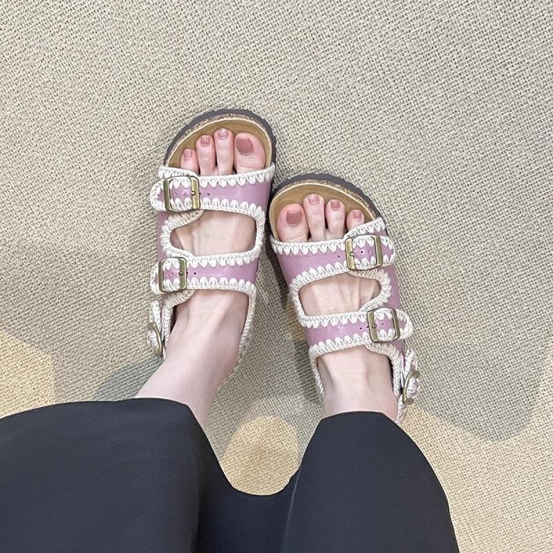 

2025 лето новая пряжка ремня ретро универсальные шлепанцы Birkencool женская уличная обувь круглый носок удобная плоская подошва шлепанцы на одной перемычке 40 фиолетовый