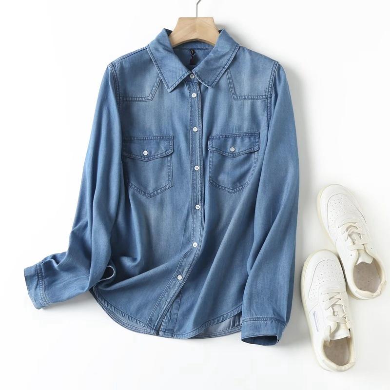 2026 Spring and Autumn Slim-Fit Tencel Denim Shirt for Women, Long Sleeve, Draped, Versatile Casual Blouse