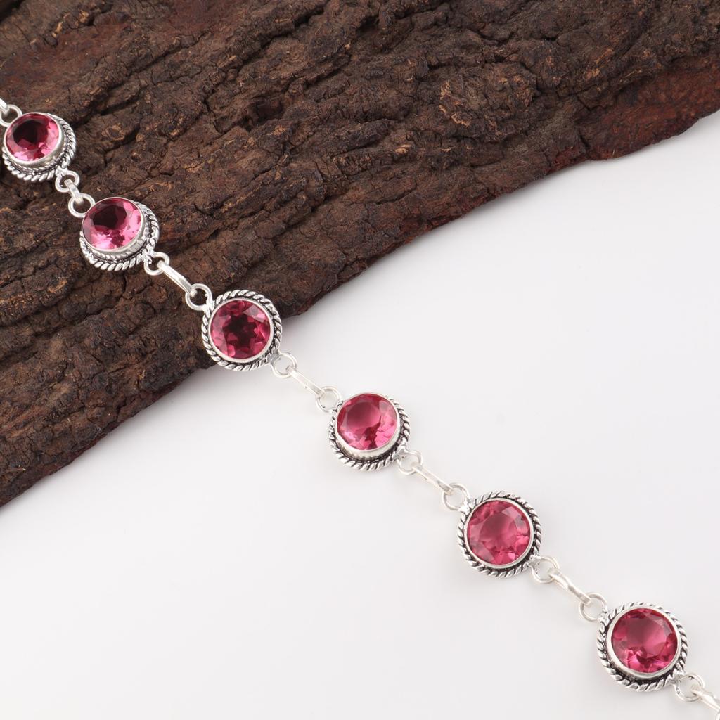 Rare Pink Tourmaline Gemstone 925 Sterling Silver Handmade Jewelry Bracelet 7-9" RB-16-11