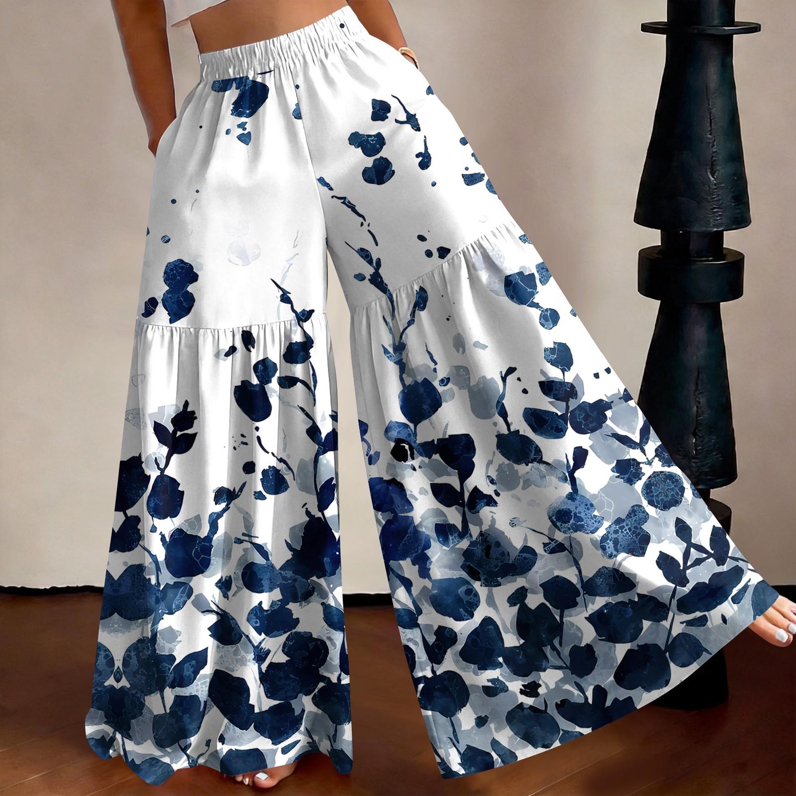 

High Waist Wide Leg Pants Women Loose Fit Lightweight Floral Print Palazzo Trousers Vintage Style Casual Long Pants for Summer XXL синий