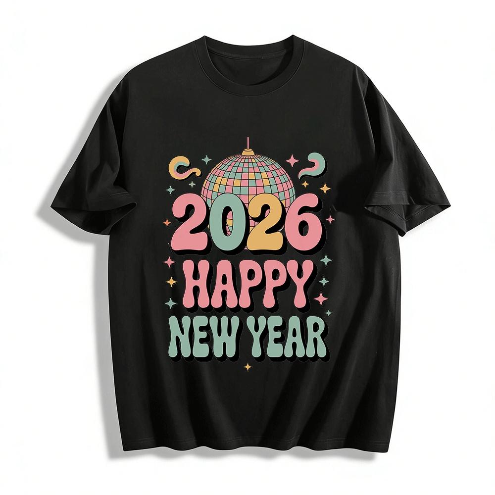 2026 Happy New Year Retro Disco Ball Graphic Casual Top Pure cotton T-shirt XXS