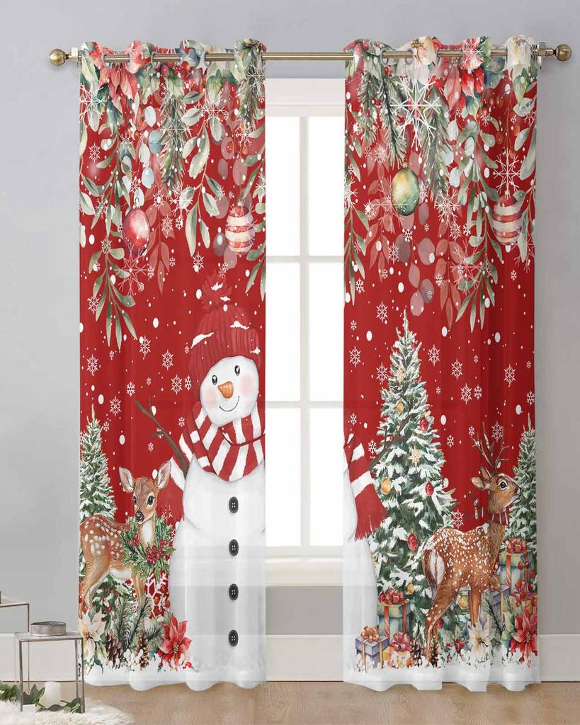 Christmas Ball Snowman Snowflake Deer Poinsettia Sheer Curtains Bedroom Decoration Window Curtains Kitchen Tulle Voile Curtains