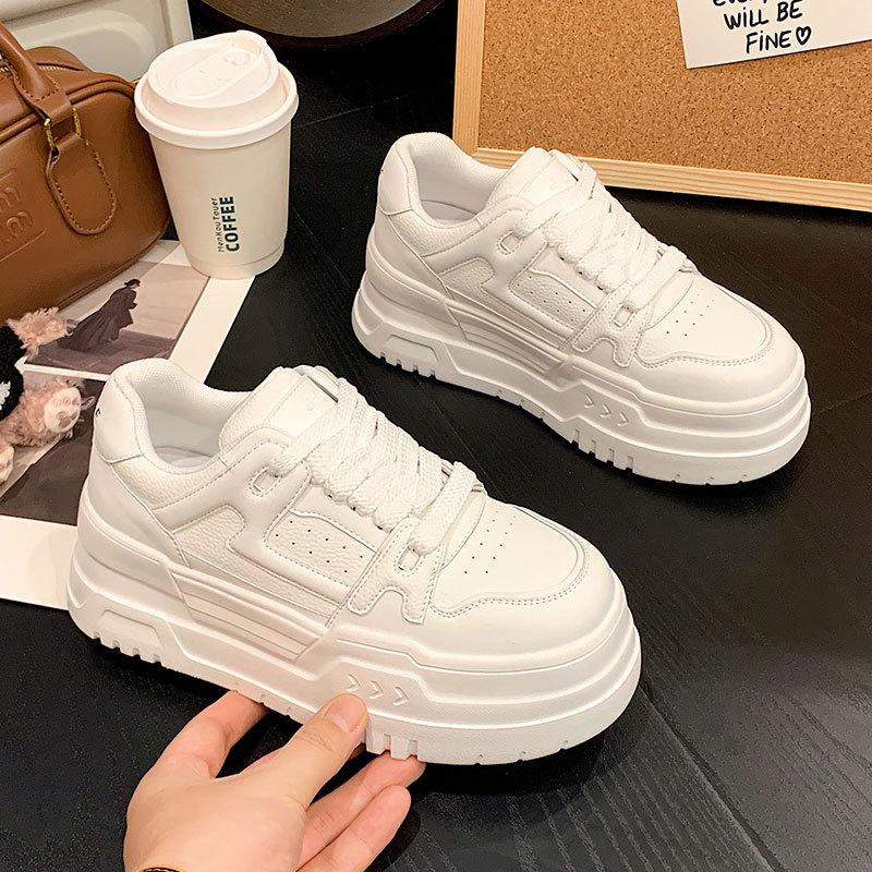 Height Increase 6.5CM Soft Leather Platform White Shoes Women's New Versatile Board Shoes Non-slip Casual Sports Shoes