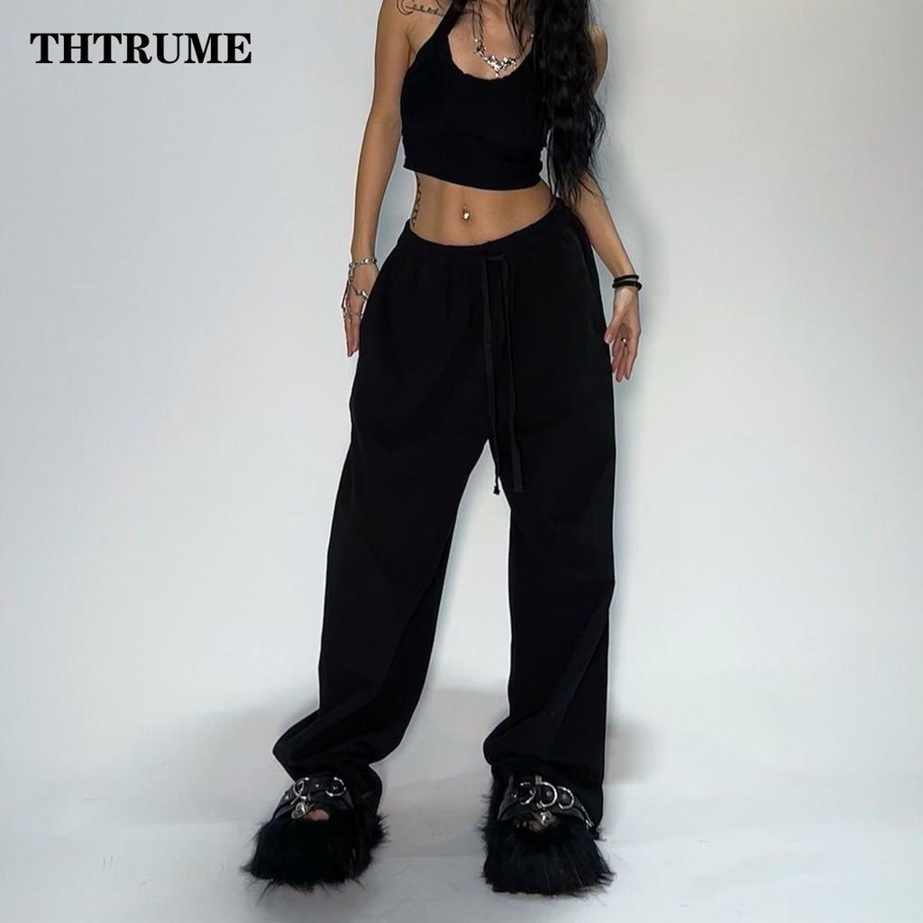 Women Solid Pant Fashion Summer Oversized Vintage Pocket Drawstring Wide Leg Pants Baggy Chic Trousers