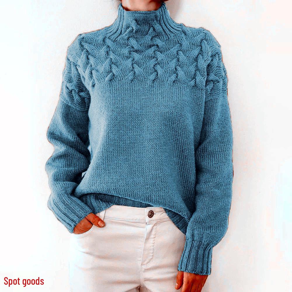 Damen Pullover mit Zopfmuster, hohem Kragen und langen Ärmeln