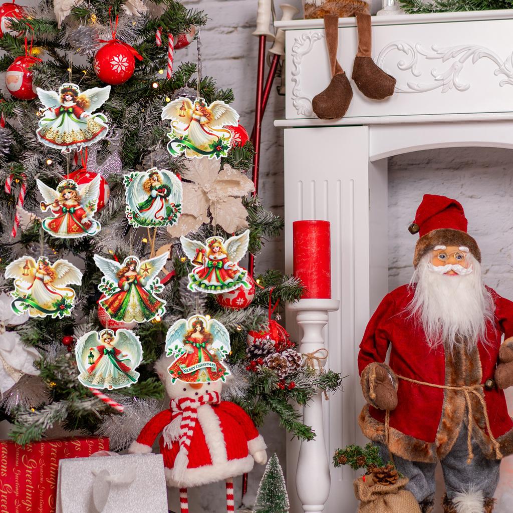 36/12pcs Wooden Christmas Angel Pendants Cartoon Vintage Angels Xmas Tree Hanging Pendant Holiday Party Decor Home Ornaments