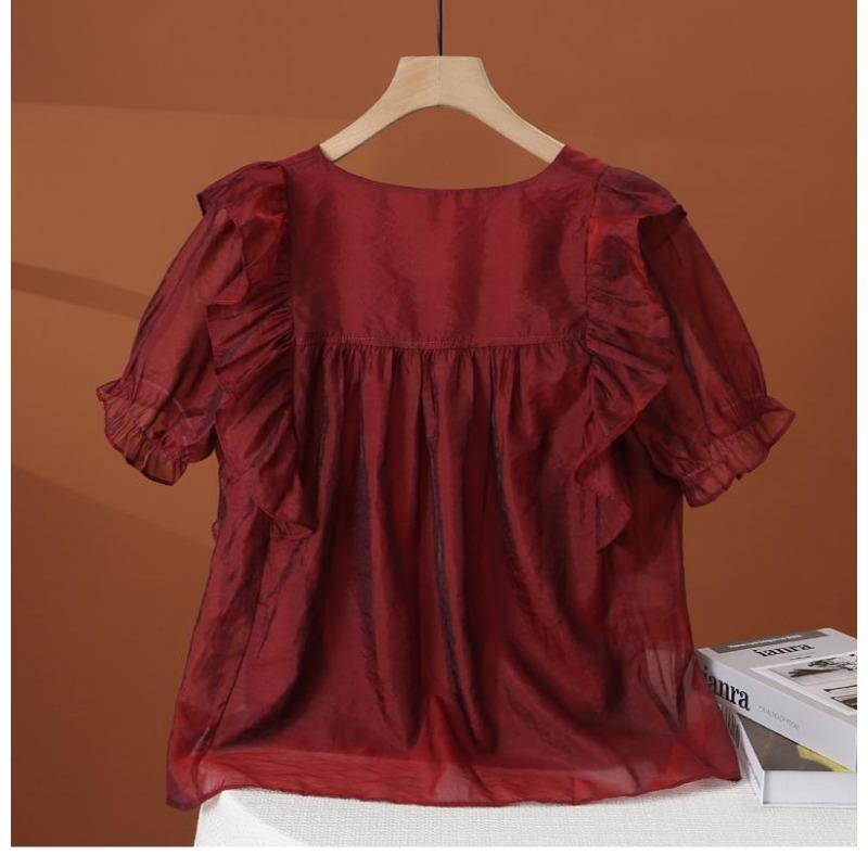 Elegant and Fashionable Lace Hem Chiffon Short Sleeve Blouse with Square Neck for Women's Summer Top