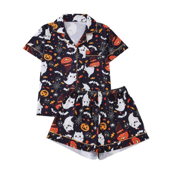 Halloween Women Pajamas Set Ghost Pumpkin Print Short Sleeve Button Down Shirts And Shorts Sleepwear Set 2 Piece Loungewear Pjs Short Set