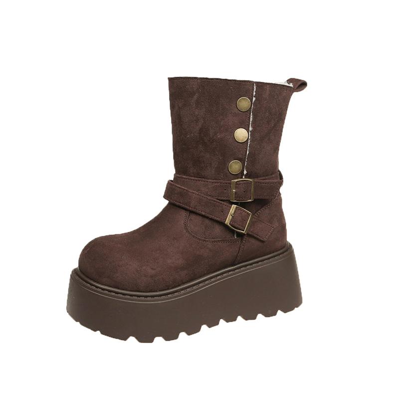 Winter Buckle Ankle Flat with Snow Boots Zip Mid Heel Shoes Female 2025 Fashion Ladies Shoes Round Toe Concise Women's Boots