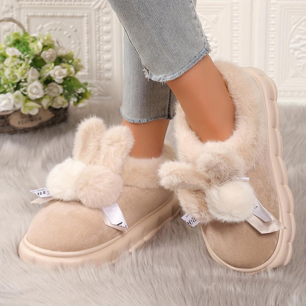 Thick Bottom Bow Rabbit Plush Cotton Shoes Household Women Home Simple Warm Snow Boots Anti-slip