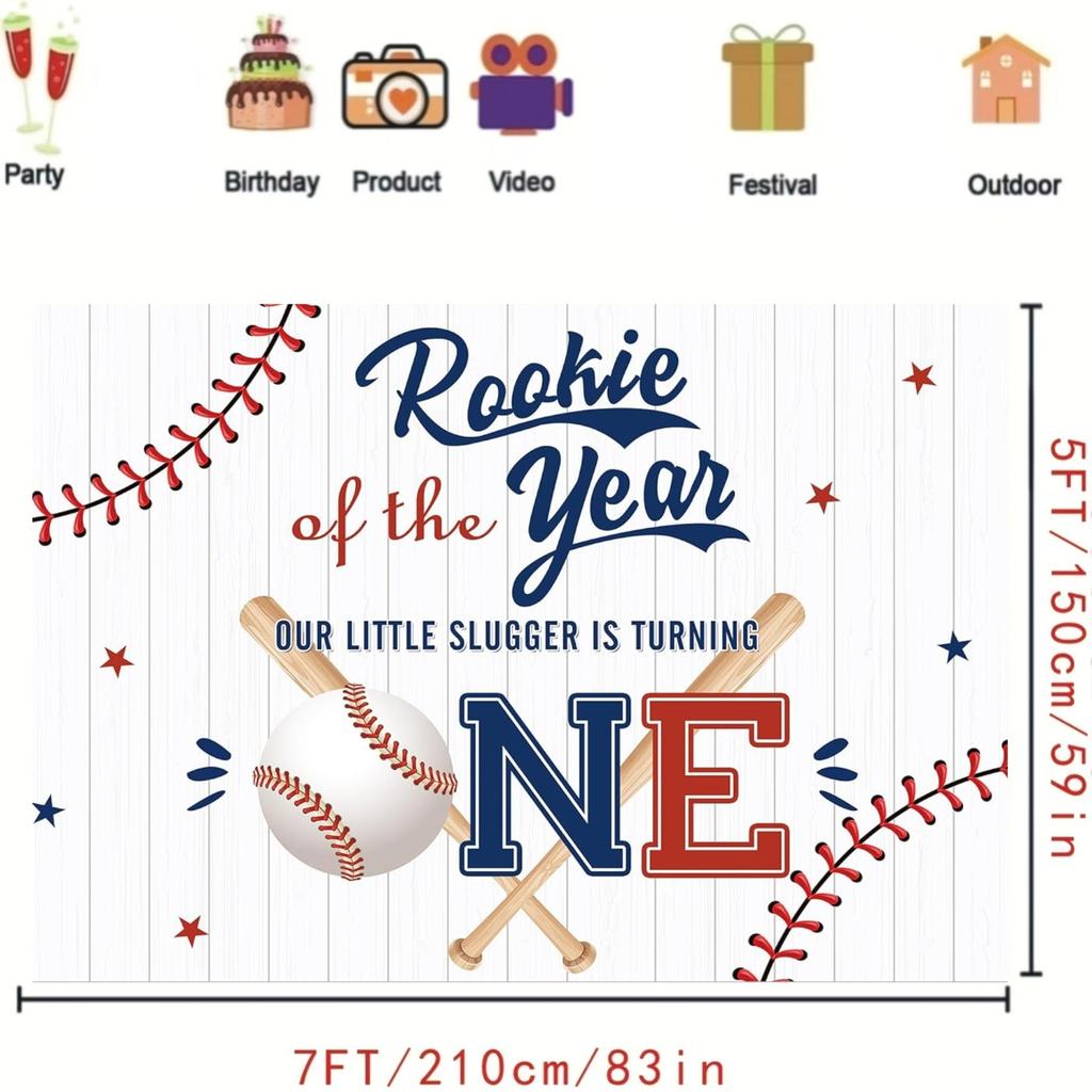 Baseball-themed 1st Birthday Party Backdrop - Rookie of the Year Design Blue Mahogany Hitter Polyester Photo Booth  Backdrop