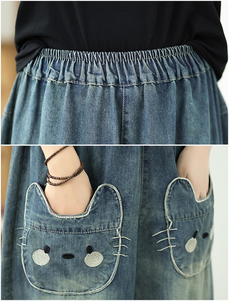 Mouhoukyo Women's Denim Jeans, Tapered Pants, Slimming, Cropped Length, Loose Fit, Casual, Stylish, Elastic Waist, Sizes M-2XL (Color shown, XL)