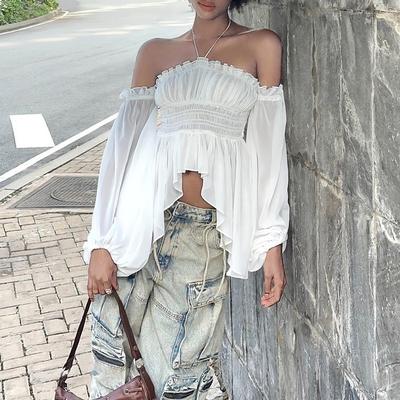 Spring Sexy Off Shoulder Ruffled Peplum Slim Fit Lantern Sleeve Halter Top For Women