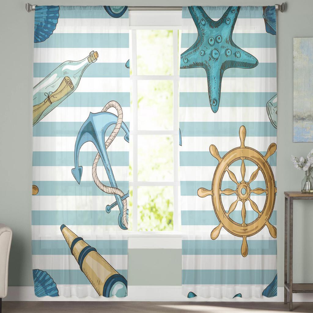 Anker Seestern Streifen Ruder Transparente Tüll Fenstervorhänge für Wohnzimmer Schlafzimmer Küche Schleier Vorhang Heimdekoration