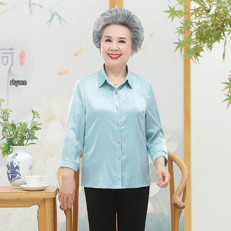 

2026 Chiffon Seven-Sleeve Top for Middle-Aged and Elderly Women, Summer Satin Shirt for Moms and Grandmas 2XL (recommended 55-60 kg) синий