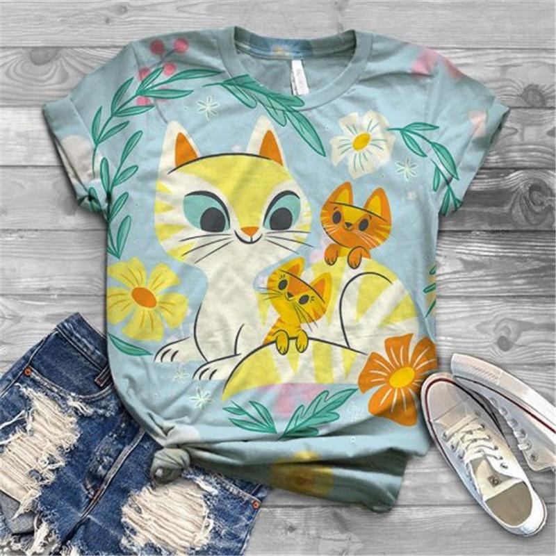 Women Summer T Shirt Trend Kitten Print Retro Fashion Short Sleeve Tees Casual   Printed  Tops