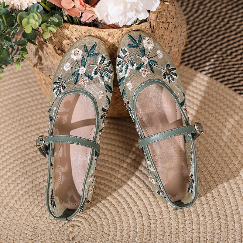 Autumn New Retro Green Flower Embroidered Mesh Single Shoes Women's Word with Round Head Breathable Ballet Flats