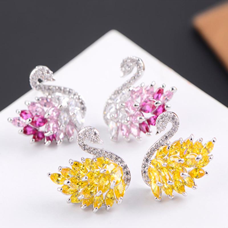 Korean Style Black & White Swan Zirconia Stud Earrings with S925 Silver Needle - Versatile & Elegant.