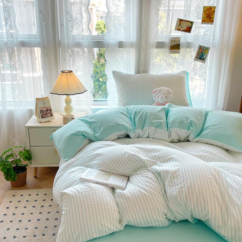 INS Seersucker Stripes Duvet Cover Pillowcases Flat Sheet Girls Bedding Set Washed Cotton Solid Color Bed Linen Single Size