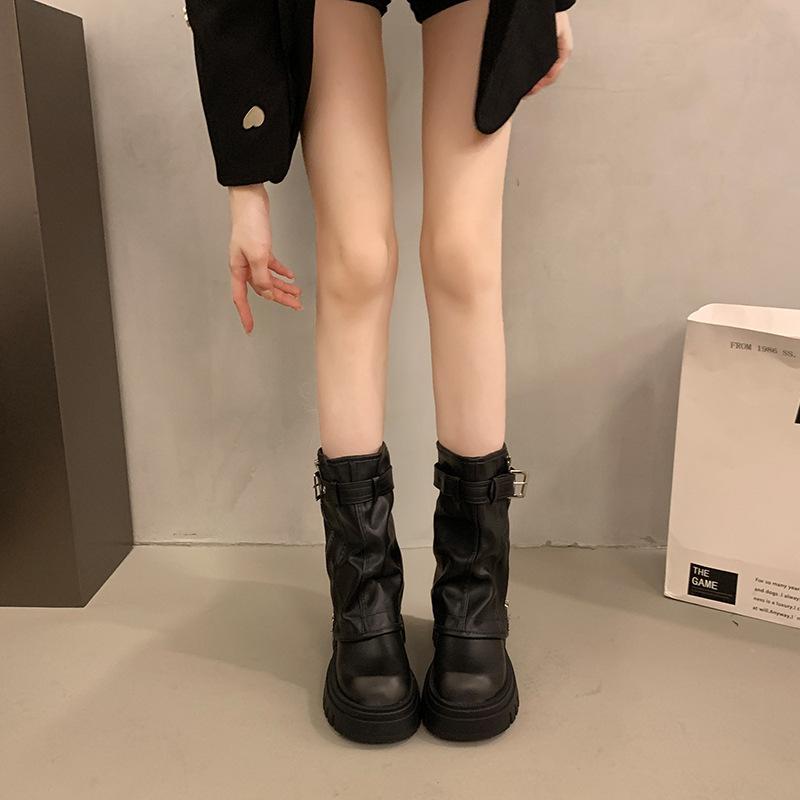 Winter Women Biker Boots Fashion Belt Buckle Ladies Elegant Platform Flats Short Booties Casual Women's Knight Booties