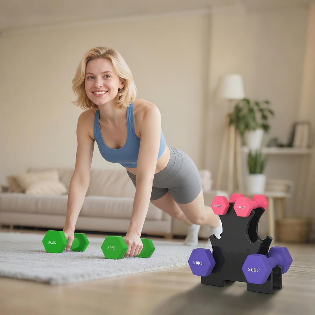 Hex Dumbbells Set with Dumbbell Rack, Hand Weights for Strength Training Weight Lifting, 2 X 1kg, 2 X 3kg, 2 X 5kg