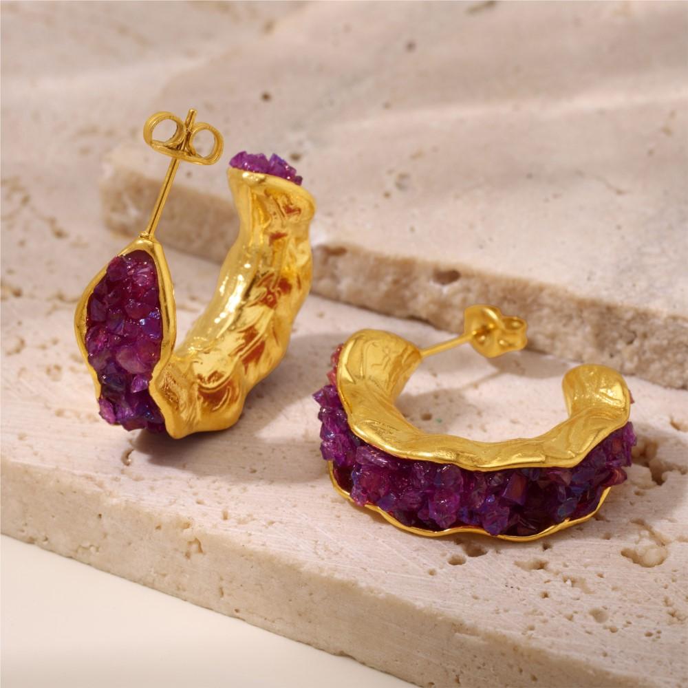 Fashion Colorful Crystal C-shaped Earrings For Women Stainless Steel Gold-plated Luxury Earrings Female Bohemia Zircon Gifts