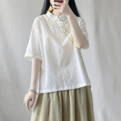 Summer Loose Short-sleeved Embroidered Stand Jacquard Fabric Shirt New Chinese Style Retro Oblique Women