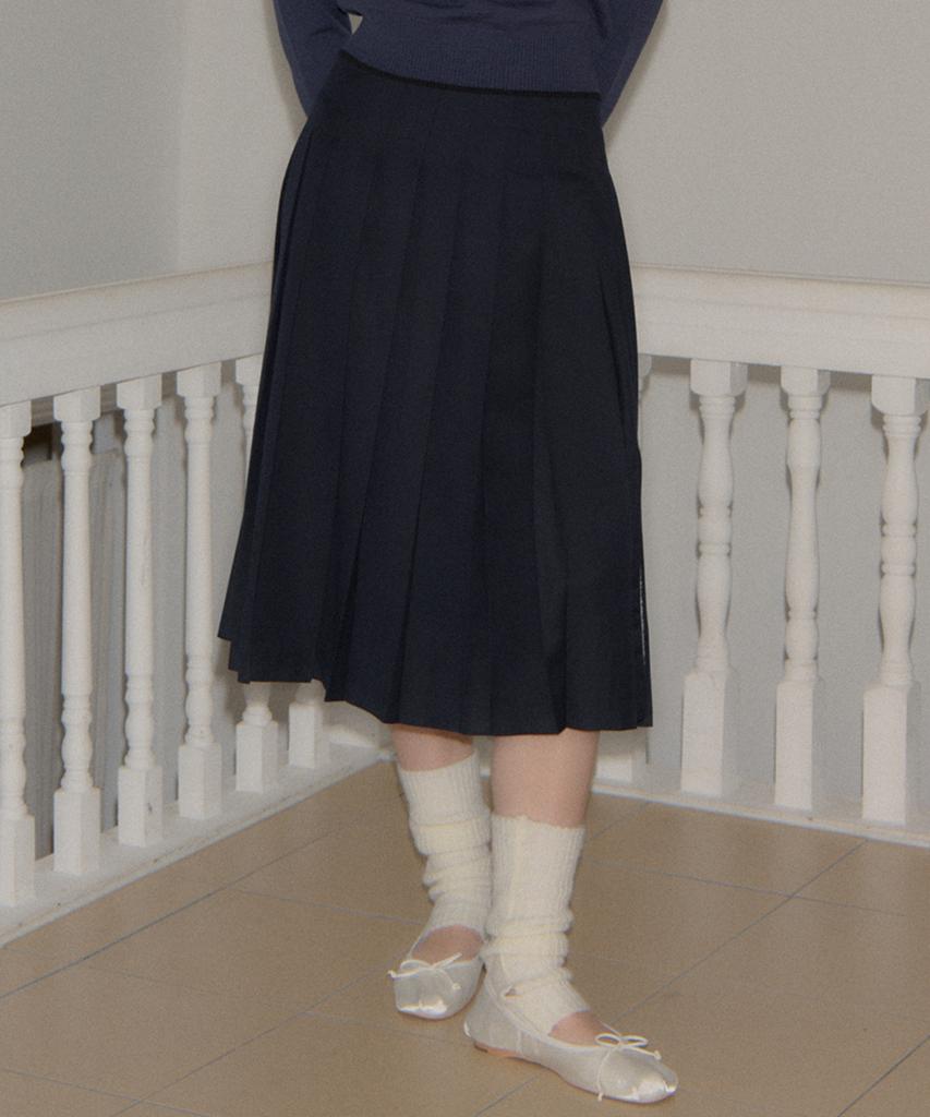 SALON DE YOHN Side Slit Pleated Midi Skirt_ Navy