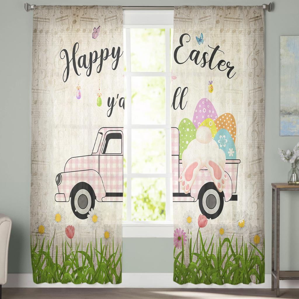 Easter Egg Bunny Butterfly Flower Truck Tulle Curtains For Living Room Bedroom Voile Sheer Curtain Window Home Decor Drapes