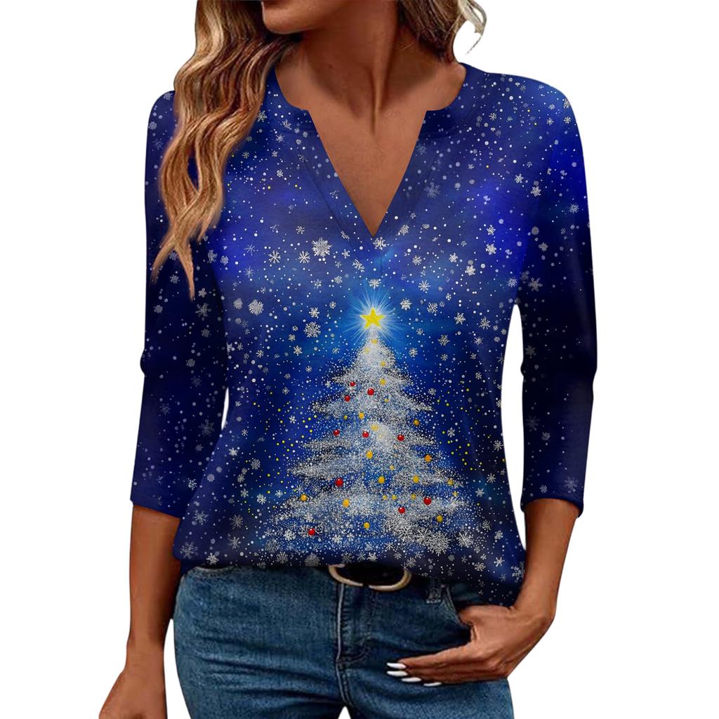 Women's Casual Fashionable Sexy Comfortable V-Neck Christmas Three-Quarter Sleeve Top