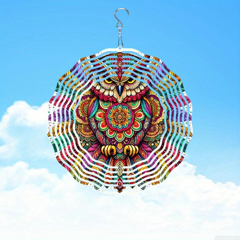 Colorful Mandala Owl Wind Chime for Outdoor Garden Patio Decor Weatherproof 2D Rotating Hanging Art with 360 Degree Hook Holiday Gift