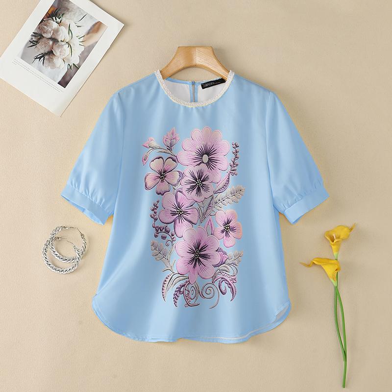 ZANZEA Women Casual Round Neck Floral Print Loose Short Sleeve Blouse