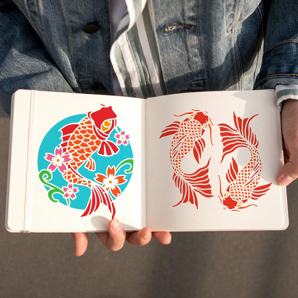 12Pcs 12 Styles PET Hollow Out Drawing Painting Stencils, for DIY Scrapbook, Photo Album, Fish, 150~300x150~300mm, 1pc/style