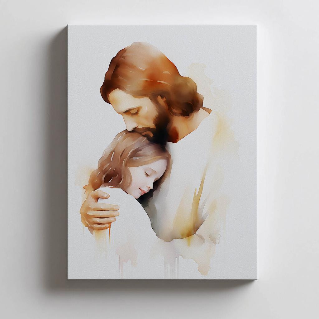 Embraces of Hope - Jesus Hugging a Girl Embraces of Hope - Jesus Hugging a Girl, 30X40 Cm, Black Aluminum Frame, 230 Matte Paper