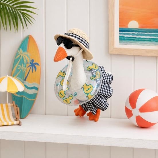 Bikini Desk Goose Outfit, 7 Inch Mini Goose Bikini Costume with Straw Hat, Sunglasses, Swim Ring for Summer Hawaiian Party Table Decor