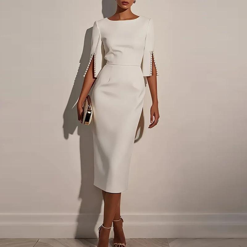 

Elegant Women Midi Dress O Neck Half Sleeve Bead Design Party Bodycon Dress Women Fashion Summer Office Dresses Pink White Black XS білий