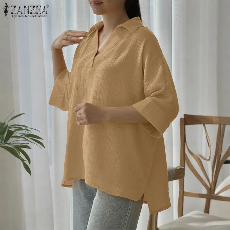 ZANZEA Women Classic Collar Loose 3/4 Sleeve Solid Blouse