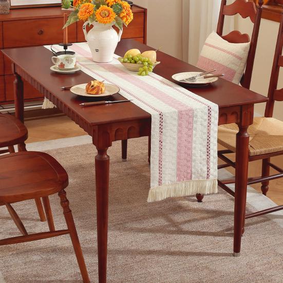 Nordic Style Table Runner Color Block Design Easy To Clean Table Flag with Tassel Christmas Dinner Table Accessory