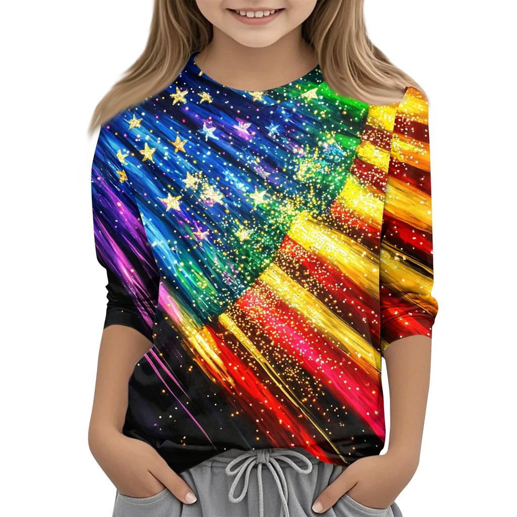 Children's Fashion Printed Round Neck Three-quarter Sleeve Top Casual T-shirt
