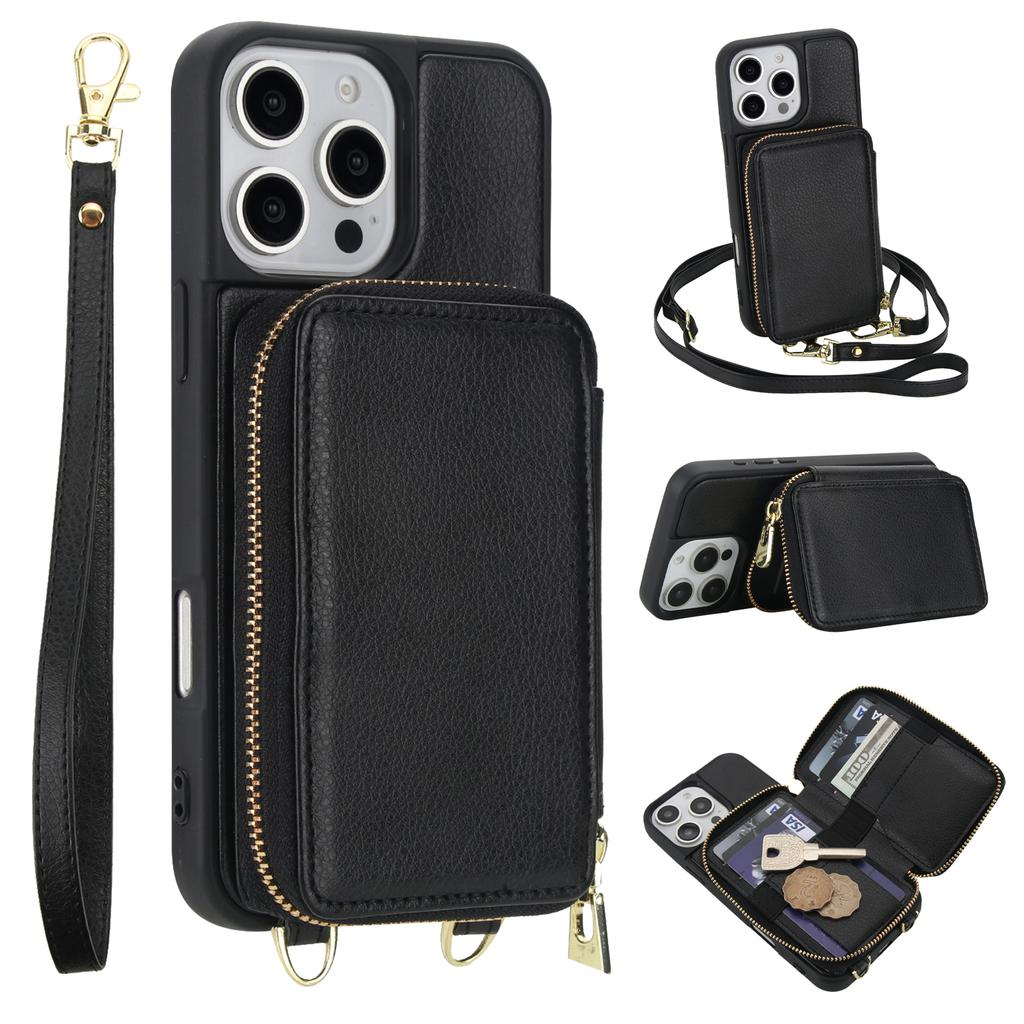 For iPhone 16 Pro Case RFID Blocking Zipper Wallet Leather + TPU Phone Cover with Shoulder Strap