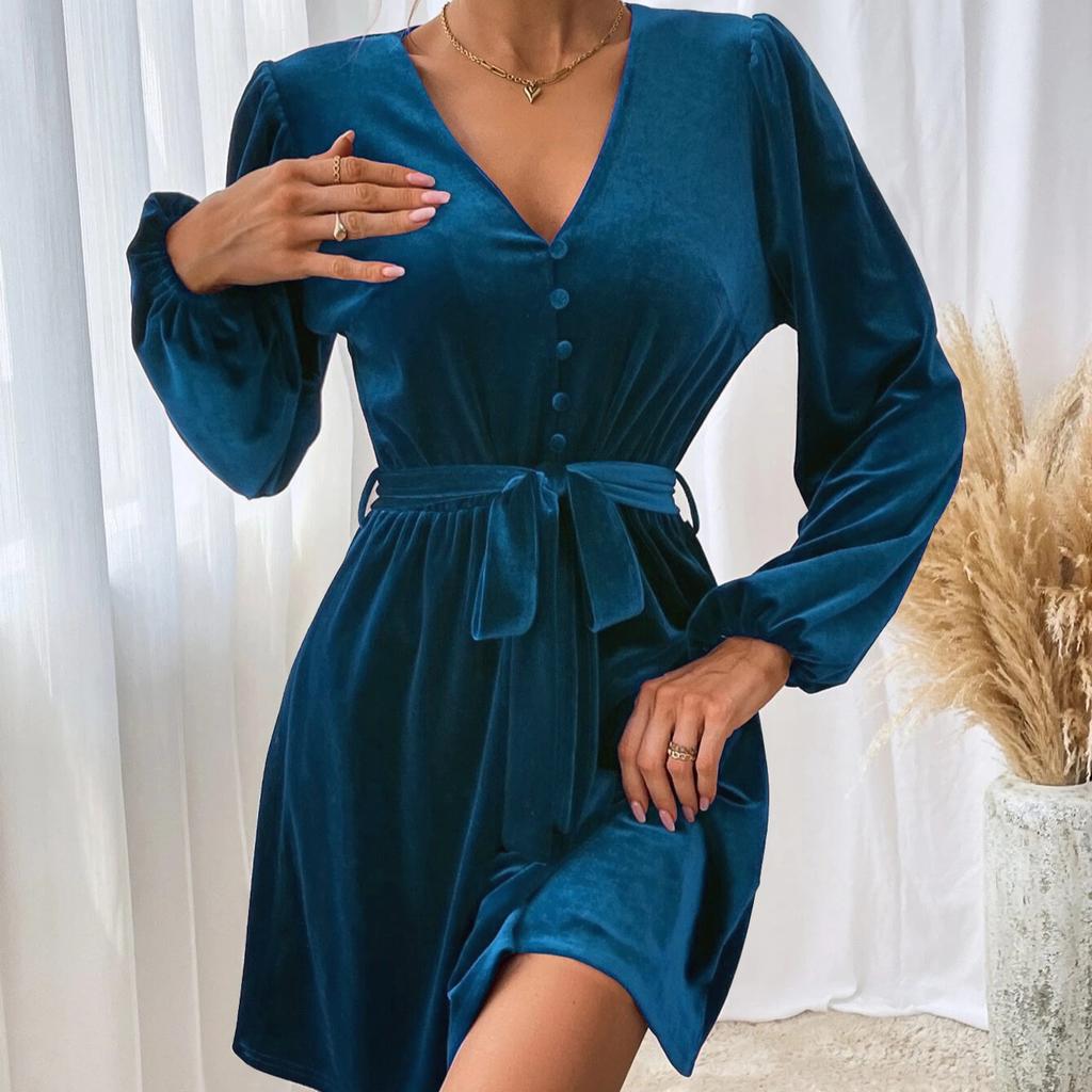 Women's V-neck Velvet Dress Autumn Winter Waist-cinching Slim-fit A-line Dress Long-sleeve Velvet Sexy Party Dress