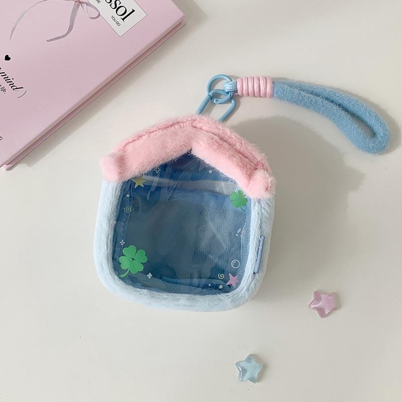 Cartoon Plush Clear PVC Doll Storage Bag, 3D Outdoor Little House, Doll Bag for Showing Off, Student Keychain, Doll Bag