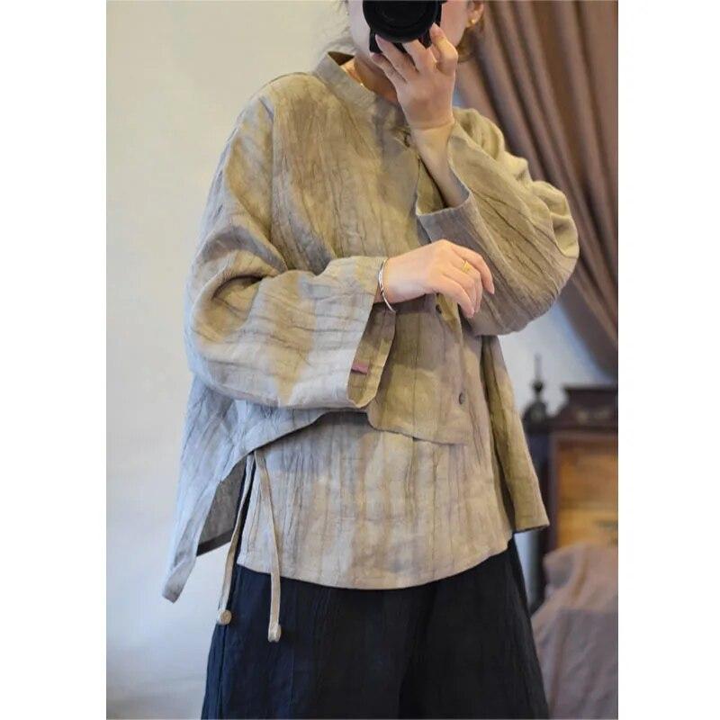 

Johnature, льняная рубашка с нерегулярным воротником, винтажная стильная рубашка, осенняя женская новая свободная однотонная повседневная рубашка в стиле дистресс One Size хаки