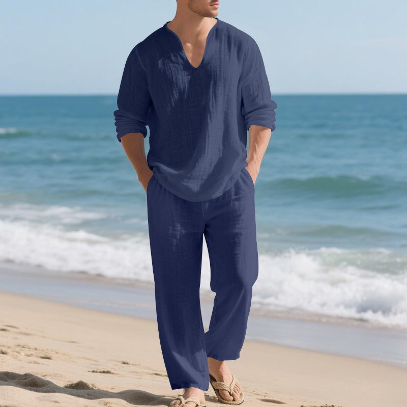 Conjunto de Linho Masculino: Conjunto Esportivo Casual para Praia, Gola V, Corte Amplo, Manga Longa