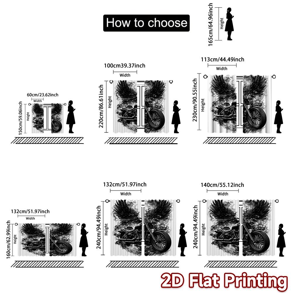 2D FLAT PRINTING 2pcs Curtains (Without Rod) Motorcycle with Black Popular Curtain Yarn Curtains Ramadan Perfect for Bedroom,