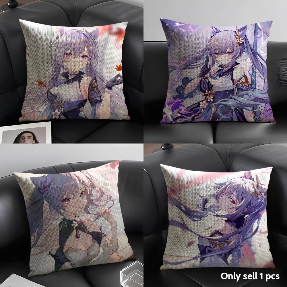 Keqing Genshin Impact Cushion Cover Natural Linen Organic Fabric Double-Sided Printing Sofa Home Decor Gift Pillow Case