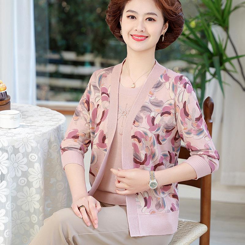 

Spring & Autumn Floral Knit Cardigan Set for Middle-aged & Elderly Women 5XL (recommended 150-165 jin) рожевий