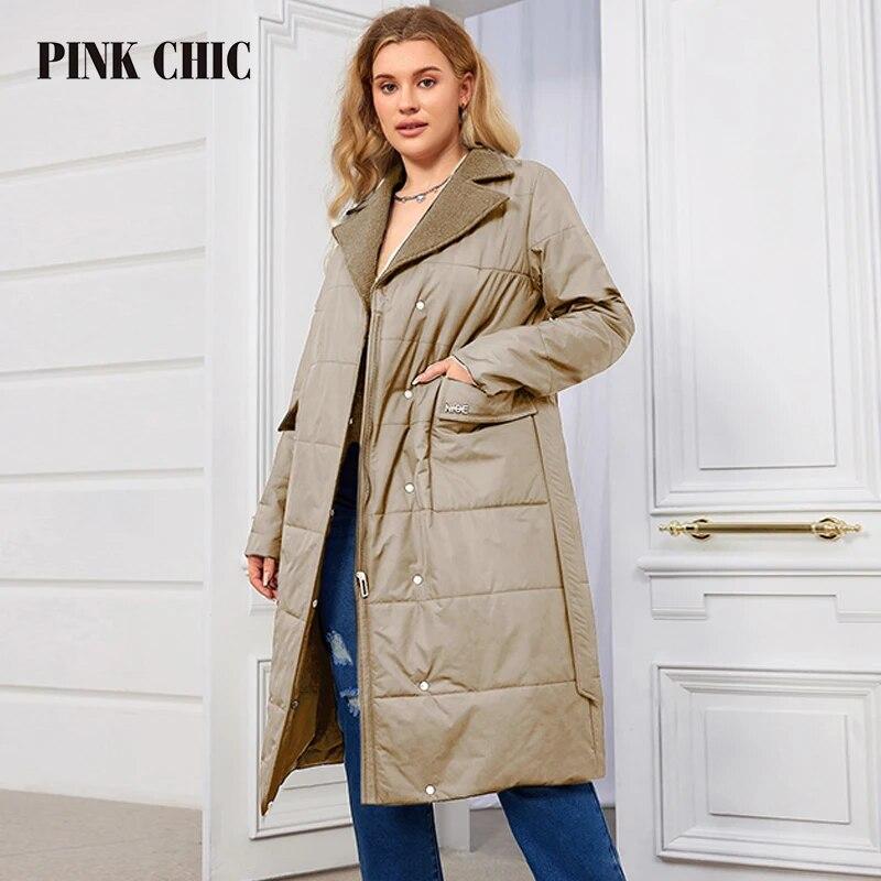 

PINK CHIC Жіноче весняне тонке бавовняне 2024 довге стьобане пальто жіночий пояс тепла парка S3028 XXXL бежевий