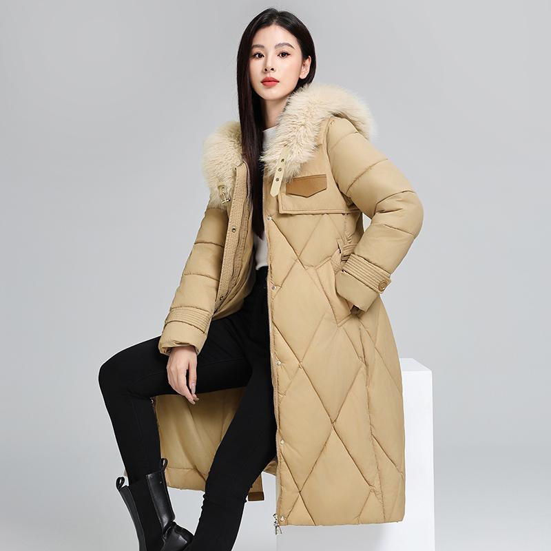 Elegantní a zeštíhlující dlouhý péřový kabát s velkým kožešinovým límcem pro dámskou zimní módu